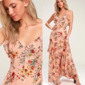Lulus Gabriella Blush Pink Floral Print Ruffled High-Low Maxi Dress Small NWT.